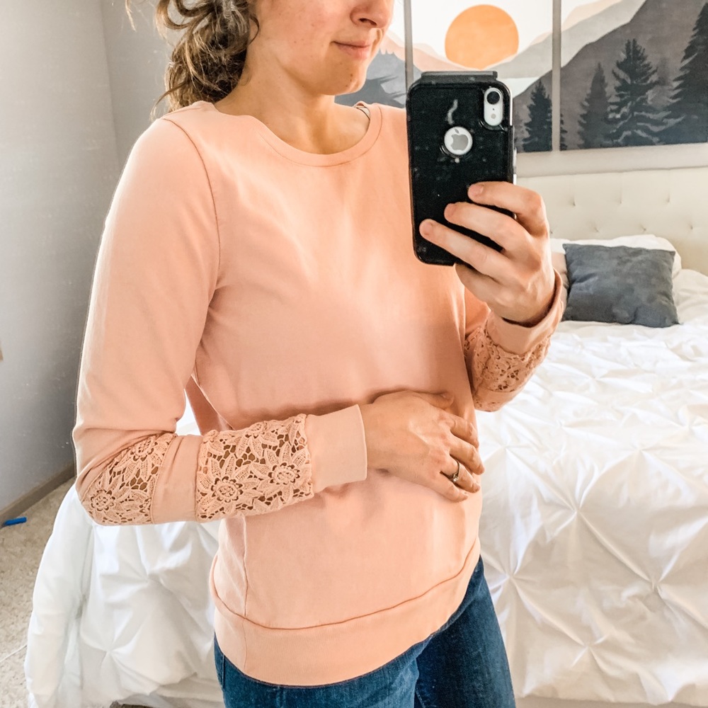 Lucky Lotus blush pink crewneck sweatshirt with lace sleeves